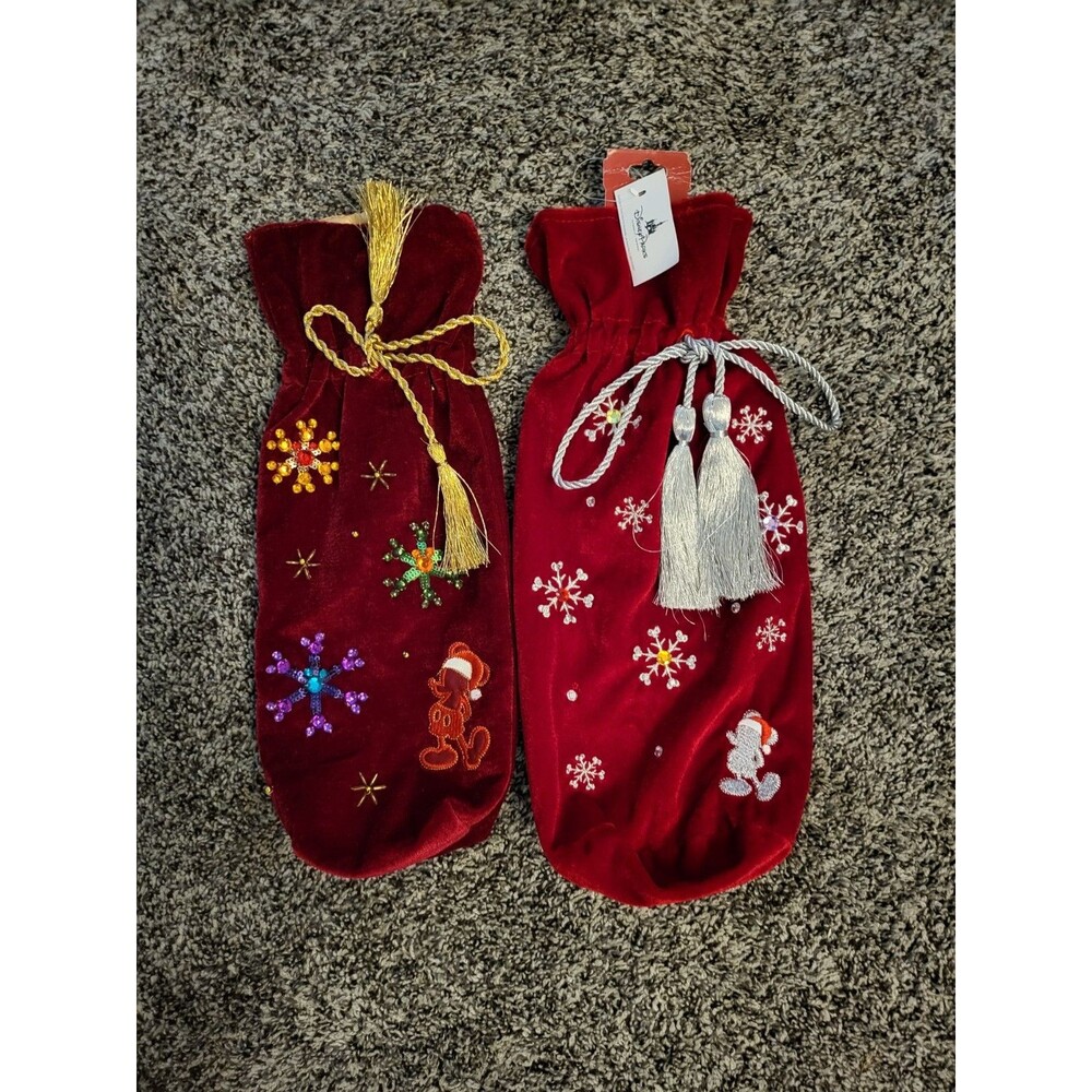 2 NWT Red Velvet Sequin Rhinestone Mickey Bottle Gift Bags STUNNING! 90s Disney